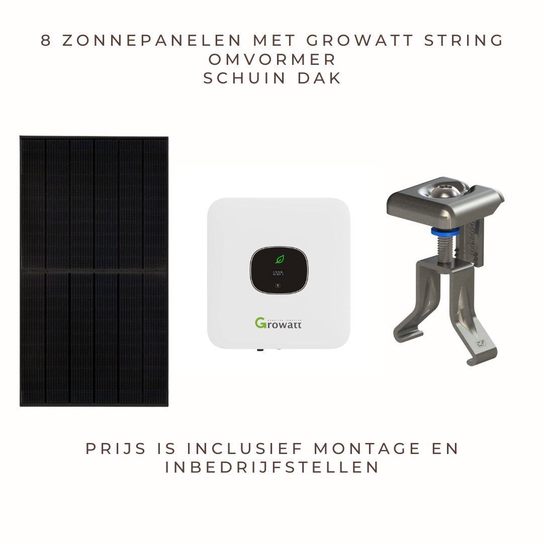 8 zonnepanelen met Growatt string omvormer voor schuin dak